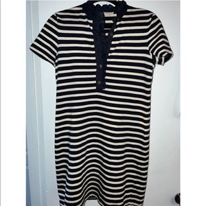 Navy & White Striped Cotton Ruffled Collar Dress